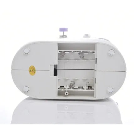 Miniature electric household sewing machine measuring 20 x 15 x 10 cm with straight stitch cylinder