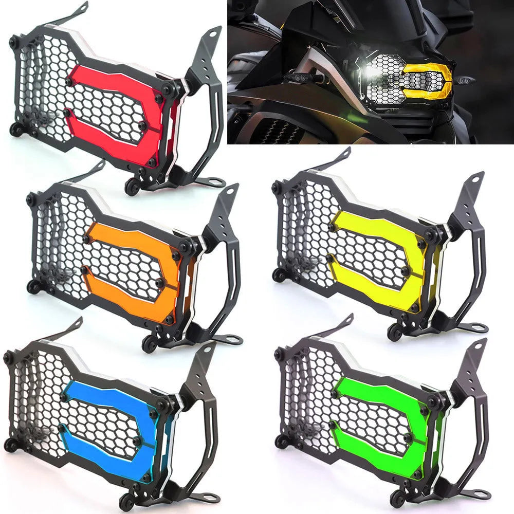 BMW motorcycle headlight protective cover in a choice of colours including fluorescent yellow, mounted on a GS adventure bike.