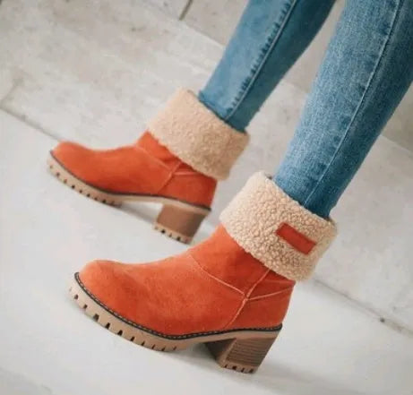 Women's mid-calf suede snow boots in khaki with a round toe and flat heel on a waterproof platform.