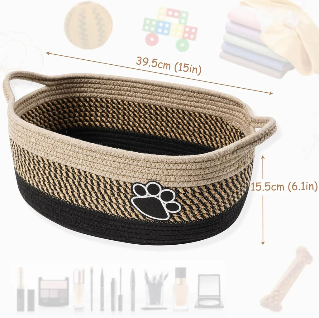 Handmade light beige woven cotton rope storage basket with wooden handle 34cm wide