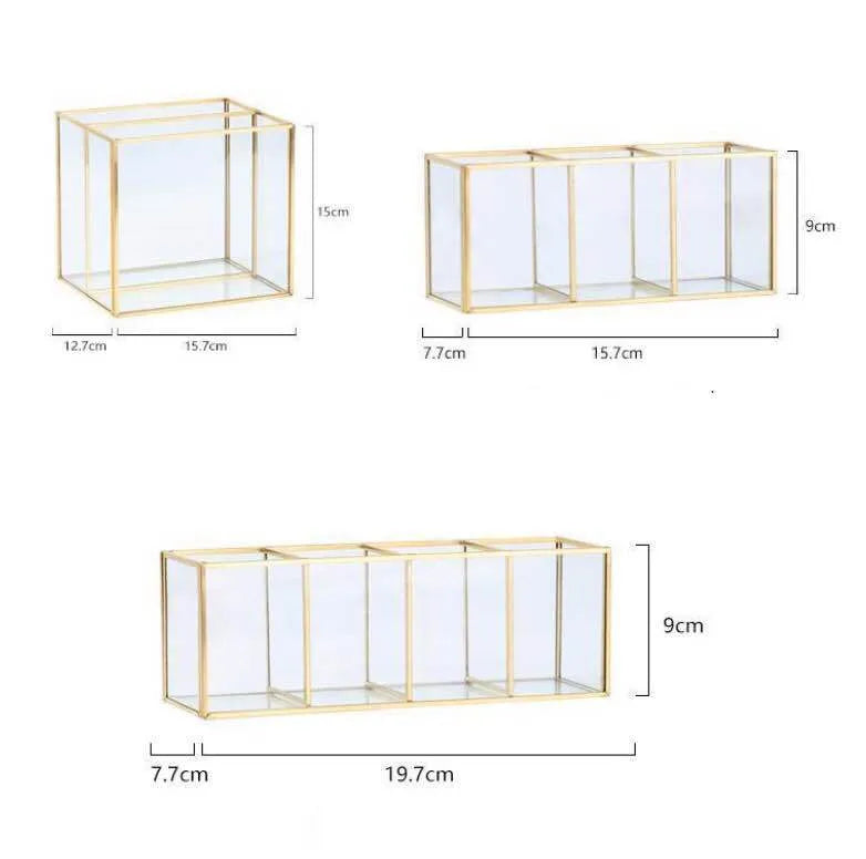 Glass and brass cosmetic storage box, Nordic style, shown as a four box, three box or two box set