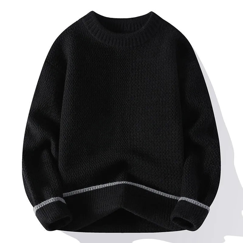 Men's grey round neck pullover sweater with loose fit long sleeves