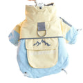 Dog windbreaker in sunny yellow-blue colour block, windproof two-legged cotton coat with tall collar and D-ring on a small dog