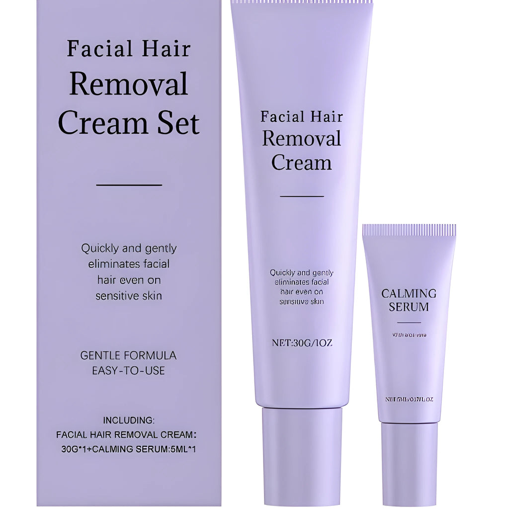 Facial hair removal cream set with 30g depilatory cream tube and 5ml ball essence bottle on a clean surface