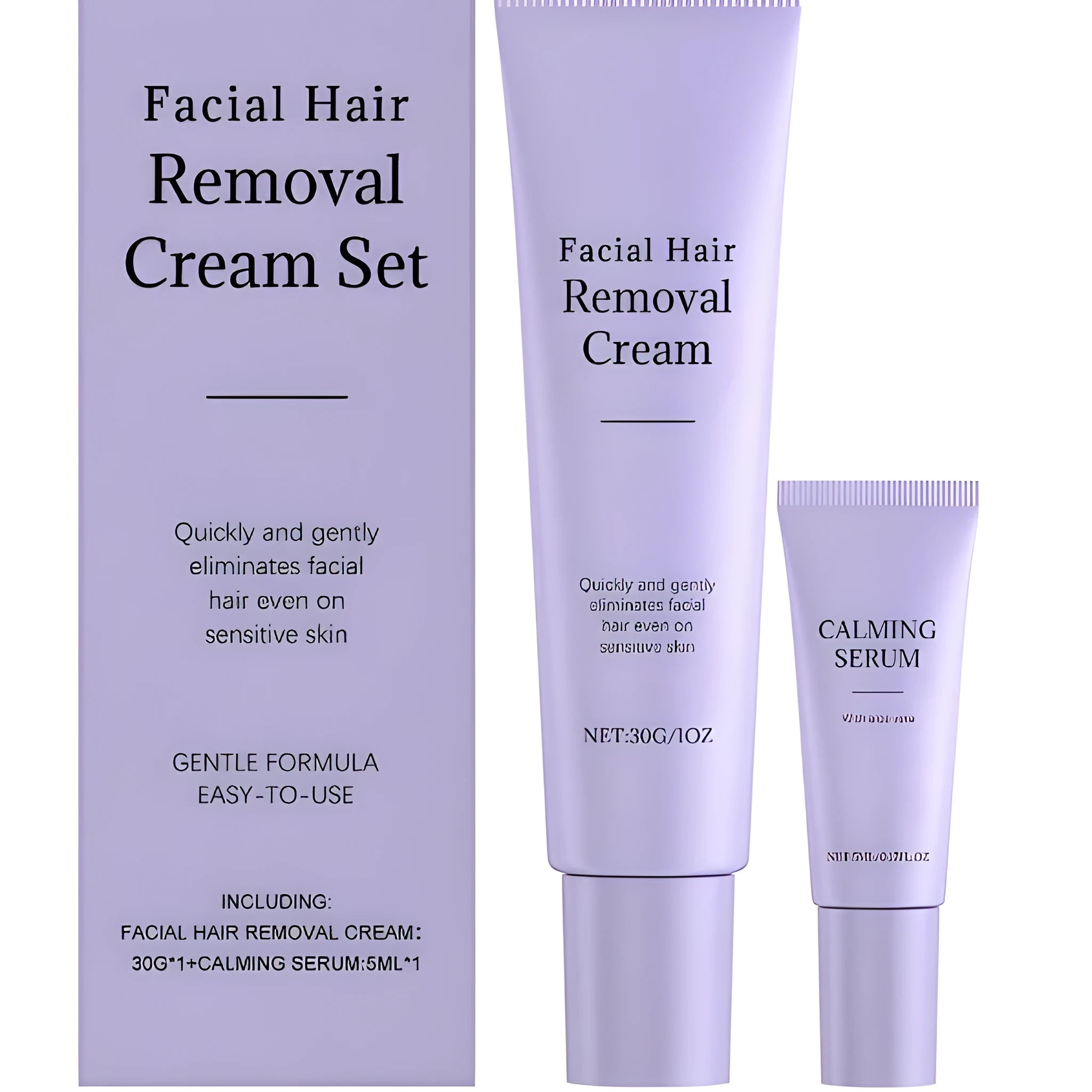 Facial hair removal cream set with 30g depilatory cream tube and 5ml ball essence bottle on a clean surface