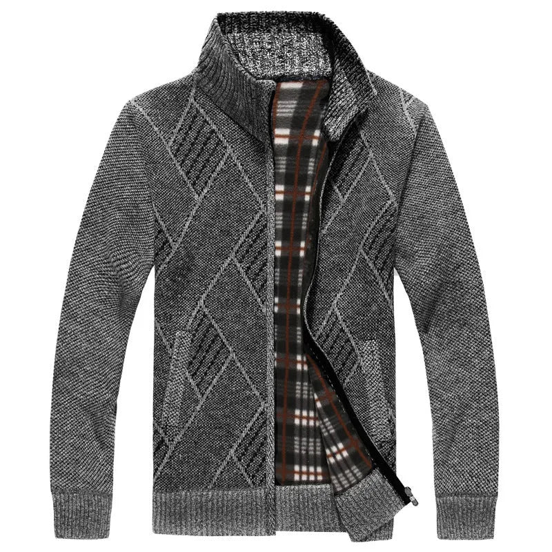 Men's thick cotton blend stand collar zipper cardigan sweater in light gray on model