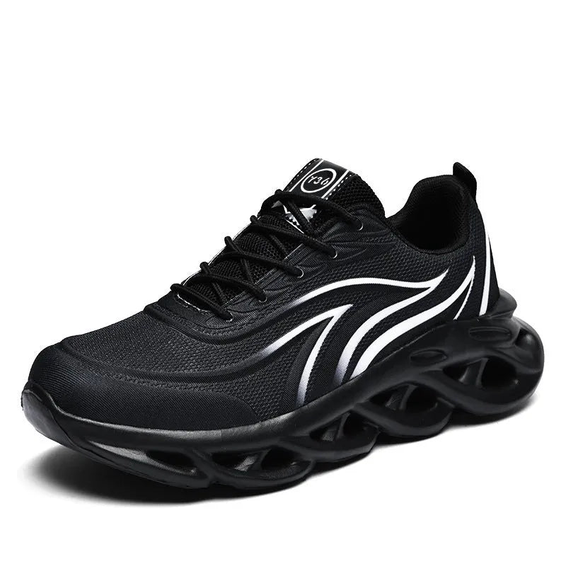 Men's Korean style carved wing pattern net cloth casual running shoes with foam sole, available in black and white colour options