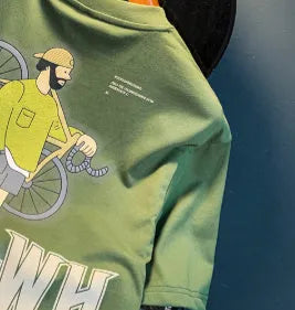Green men's loose t-shirt with a literary graphic print on the front, short sleeves.
