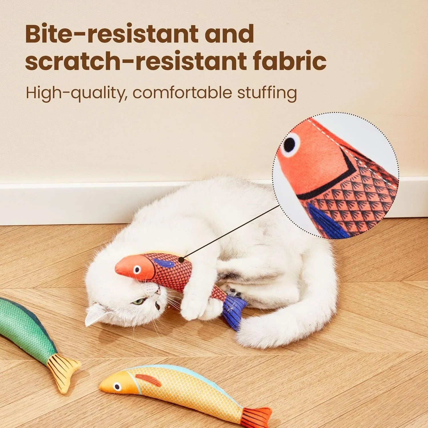 Green, orange and yellow plush catnip fish toys with crinkle sound for indoor cat exercise