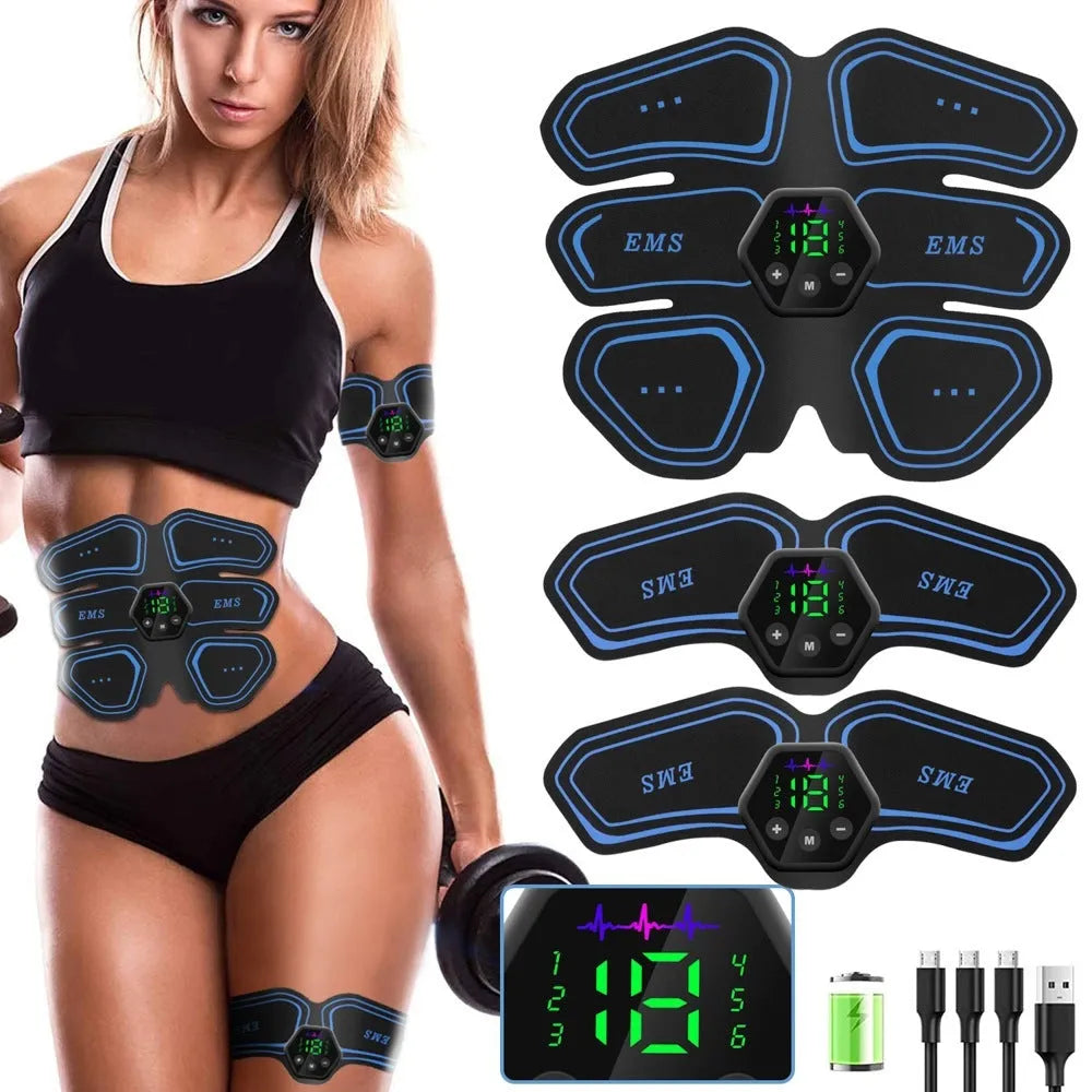 EMS abdominal muscle patch with digital display, 25cm x 19cm x 3.5cm, red black and blue, USB powered