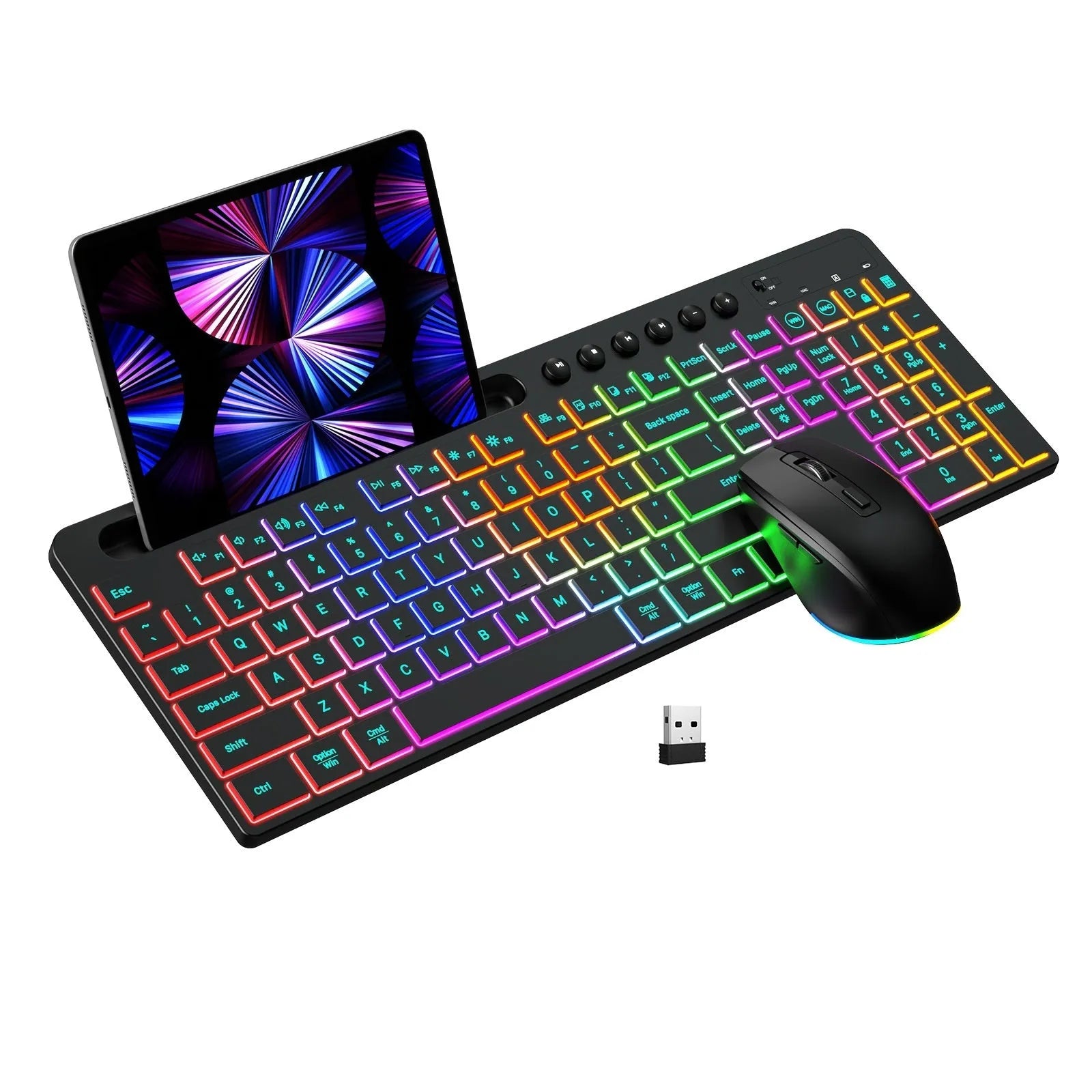 Wireless keyboard and mouse combo set with luminous keys and integrated card slot