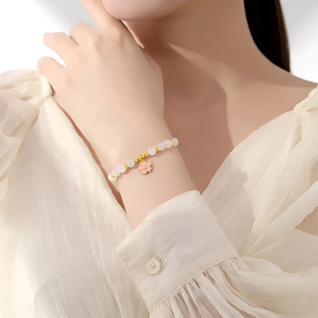 S925 silver cherry blossom pendant bracelet with Hetian jade beads, pink floral women's jewellery
