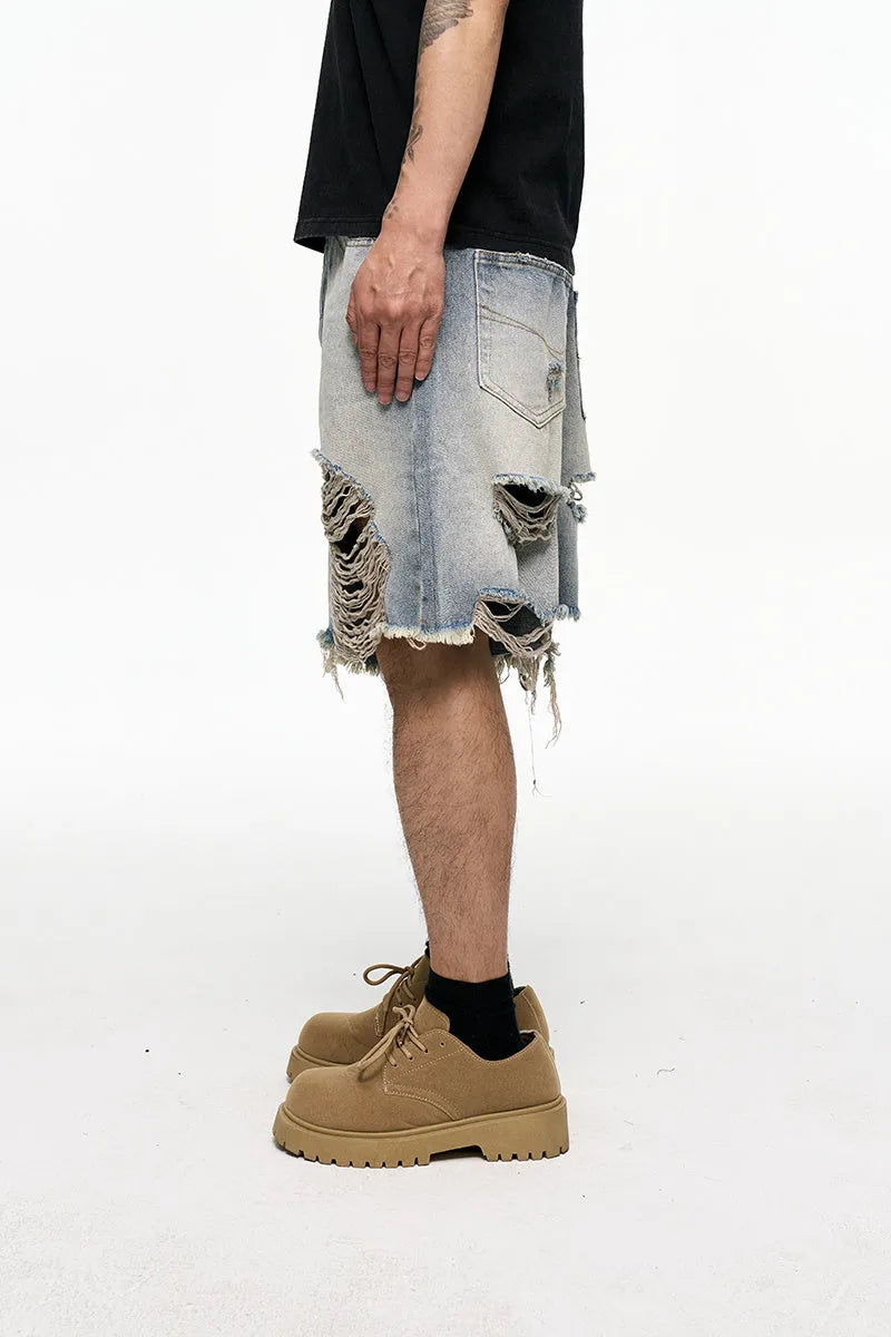 Light blue washed denim shorts with a baggy wide-leg fit and mid-waist on a mannequin.