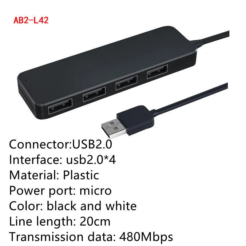 Black USB 3.0 hub with four ports, LED indicators, and a 30cm connection cable.