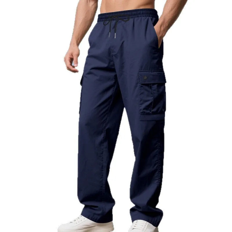Men's multi-pocket cargo pants in dark gray with loose straight leg and multiple side pockets