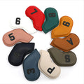 Set of 10 assorted colour PU golf club head covers with digital print designs.