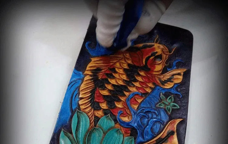 Men's carved cow leather short wallet in blue, showing open foldover design and dimensions.