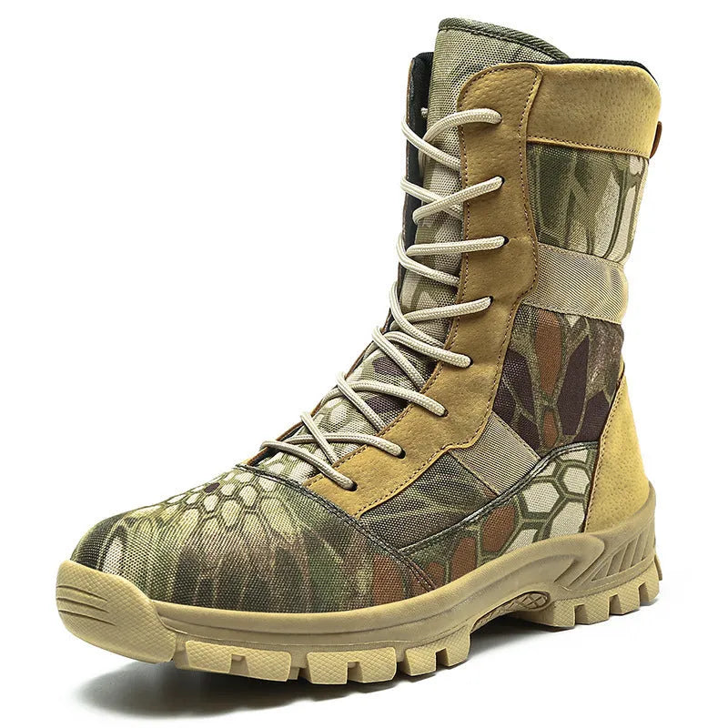 Men's black and camouflage mesh high-top Martin boots with totem pattern detail, shown in sizes 39 to 46.
