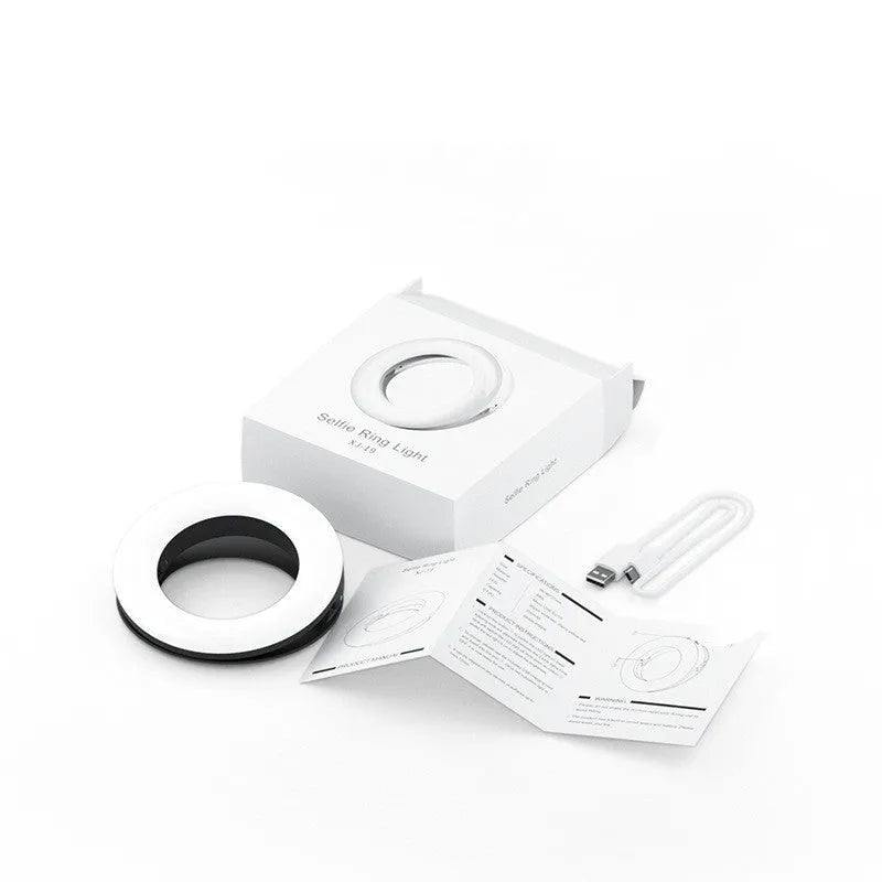 USB rechargeable selfie ring light with adjustable brightness settings for mobile photography