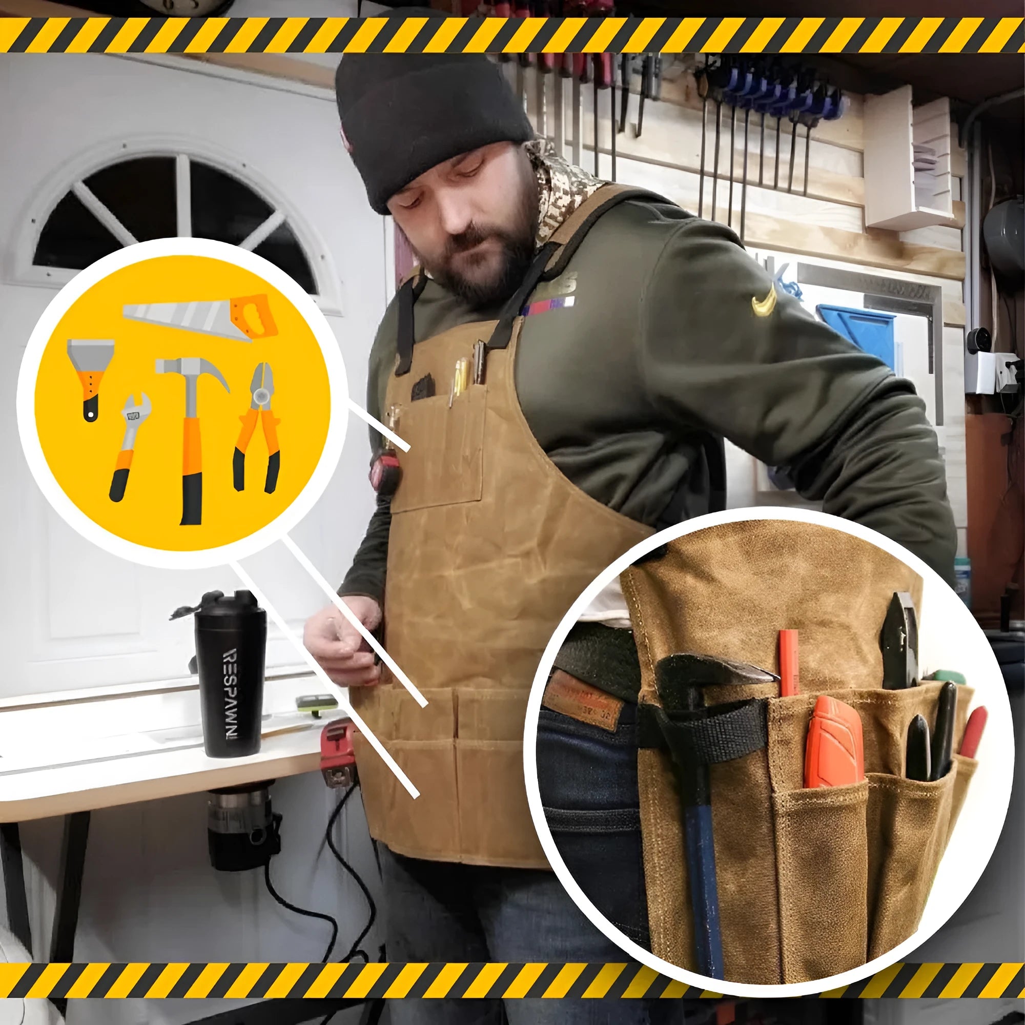 Yellow waxed canvas minimal apron with leather webbing adjustable for men and women