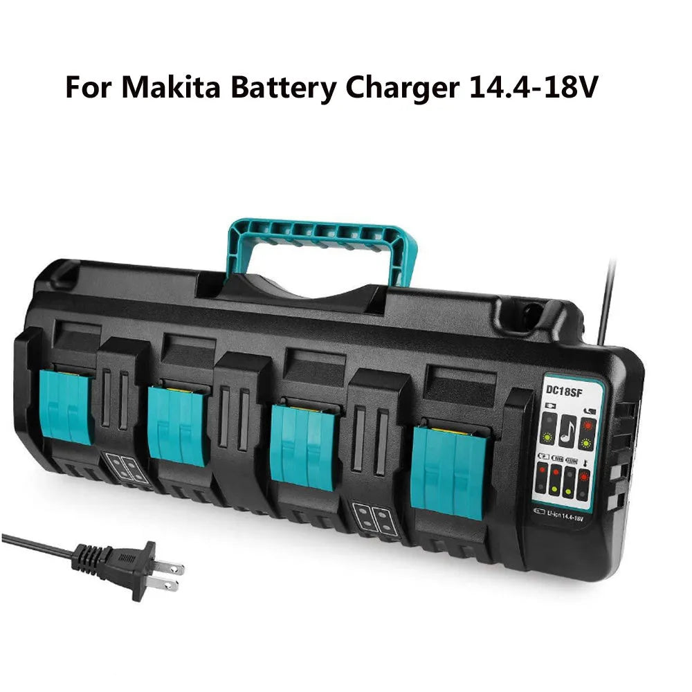 Black and blue plastic fast charger for Makita 14.4V-18V lithium batteries with four slots