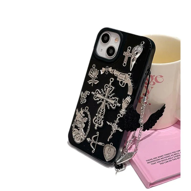 Epoxy resin phone case with three-dimensional cross pendant in retro dark style for iPhone 15 Pro Max