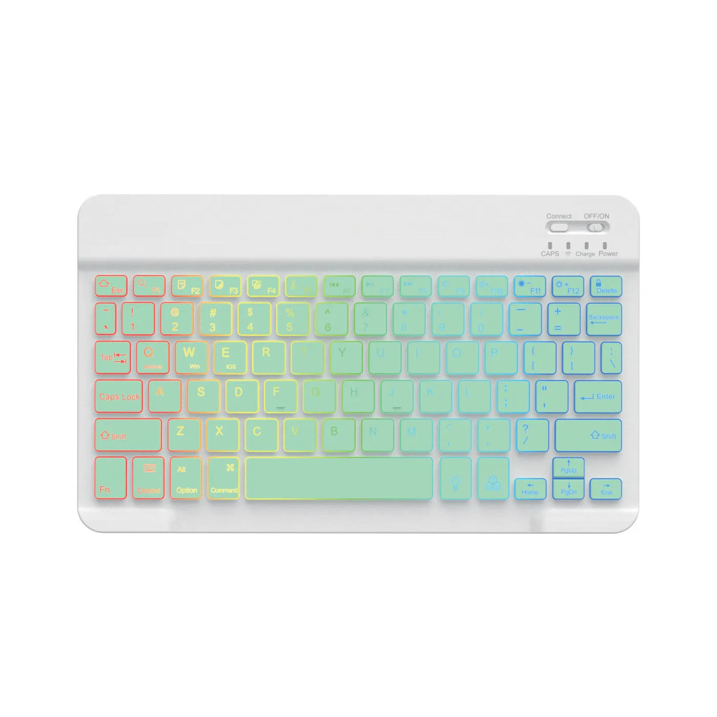 10-inch backlit Bluetooth keyboard for tablets showing colourful lighting with charging cable