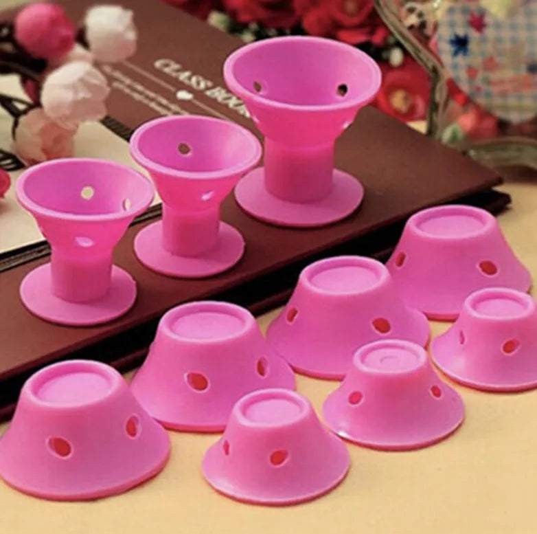 Soft silicone hair curlers in large 5.0cm and small 3.9cm sizes, ten-piece no-heat styling set