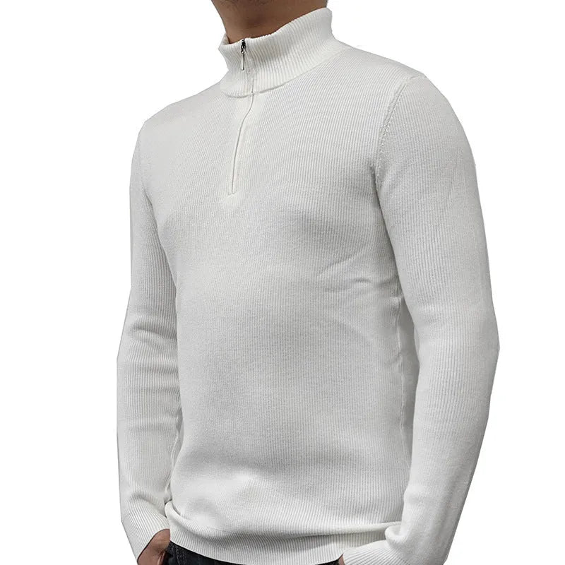 Men's black half-turtleneck zip sweater on a hanger, showing long sleeves and zip front detail.