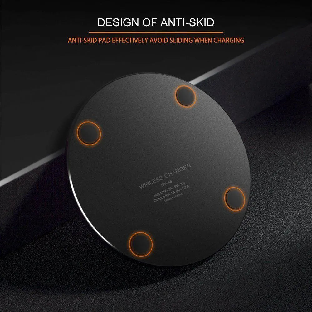Black ultra-thin wireless fast charging pad measuring 98mm square with USB cable