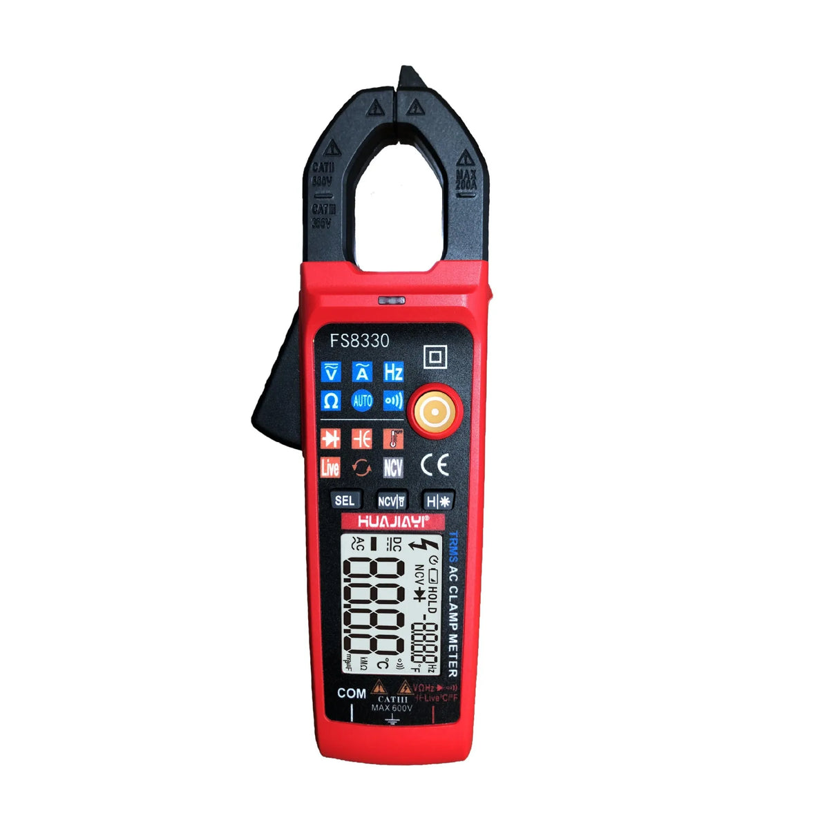 Red digital clamp meter with 40mm clamp opening, LED HD display, 174×59×27mm, 149g, for 0-600V and 0.2-200A testing