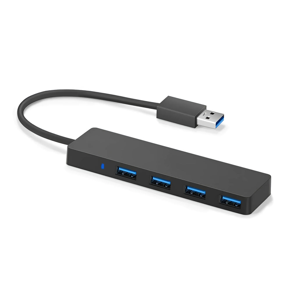 Black USB 3.0 hub with four ports, LED indicators, and a 30cm connection cable.