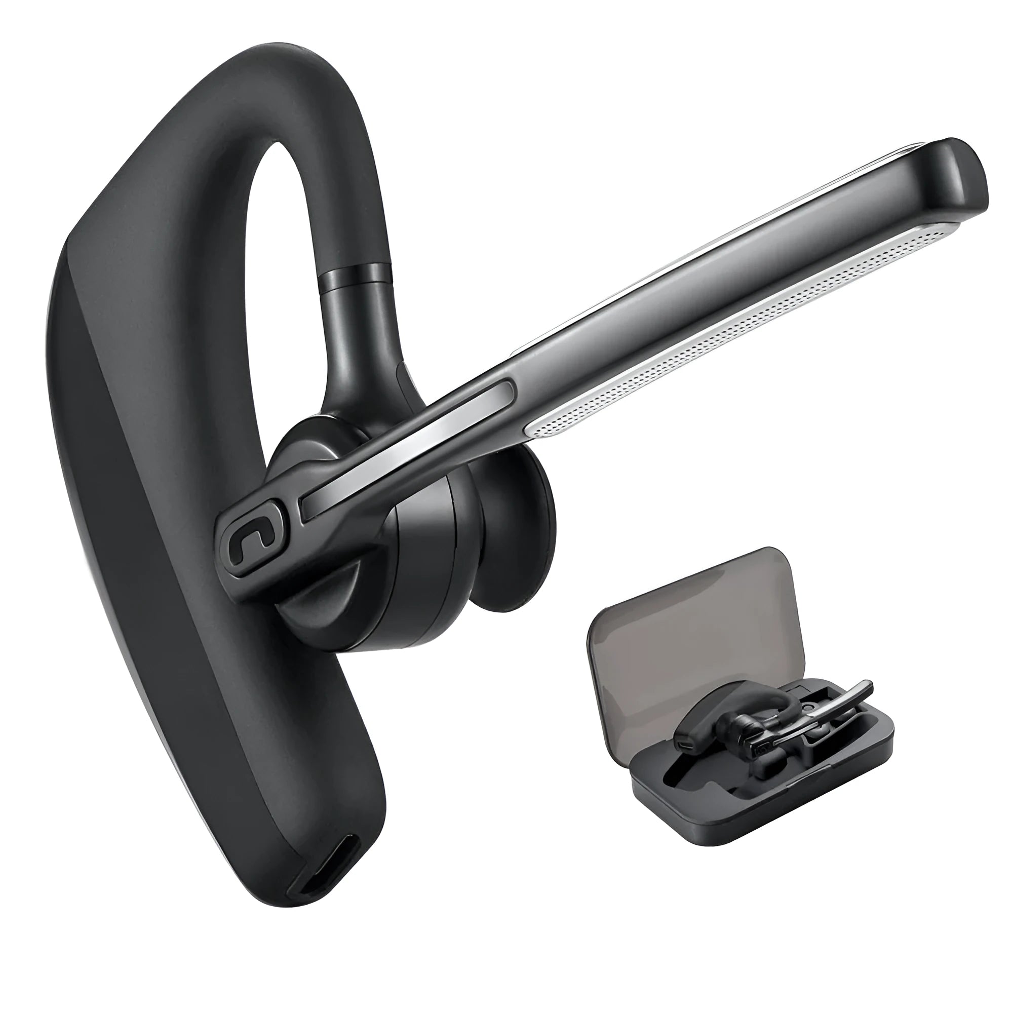 Black true wireless Bluetooth headset with charging case showing separate left and right earpieces