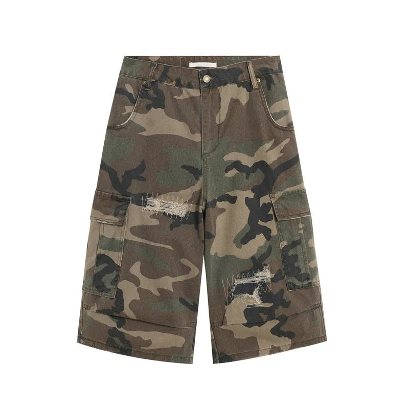 Men's camouflage cropped jeans with retro patches and ripped knees in straight cut loose fit
