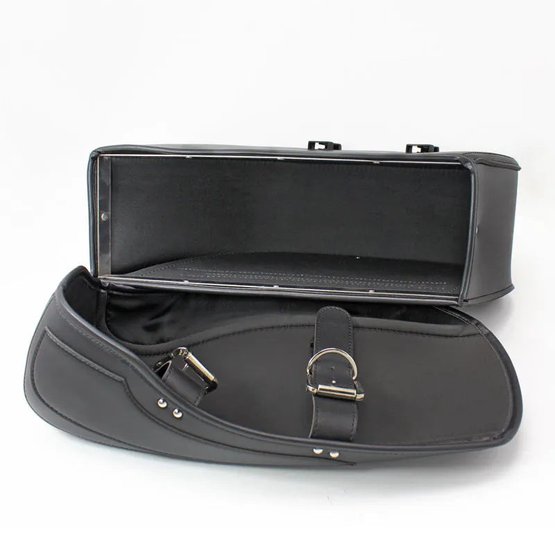 Retro brown PU leather motorcycle saddle bag mounted on bike side, showing dimensions.