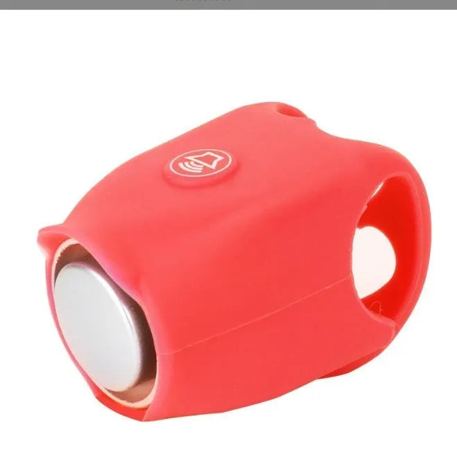 Black electronic bicycle horn with button, mounted on a bicycle handlebar.