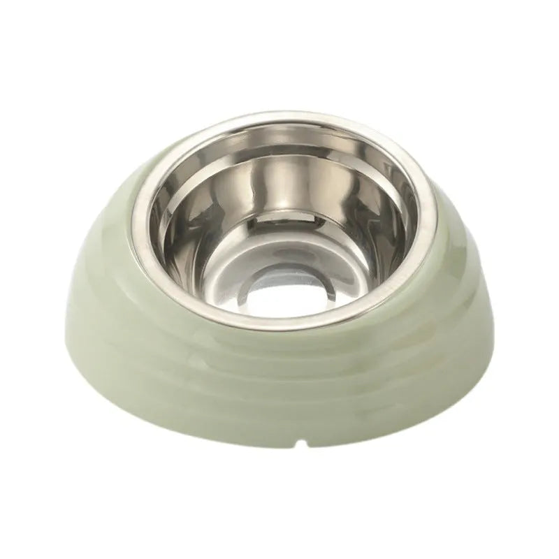 Stainless steel cat bowl feeder available in beige, brown, or light green.