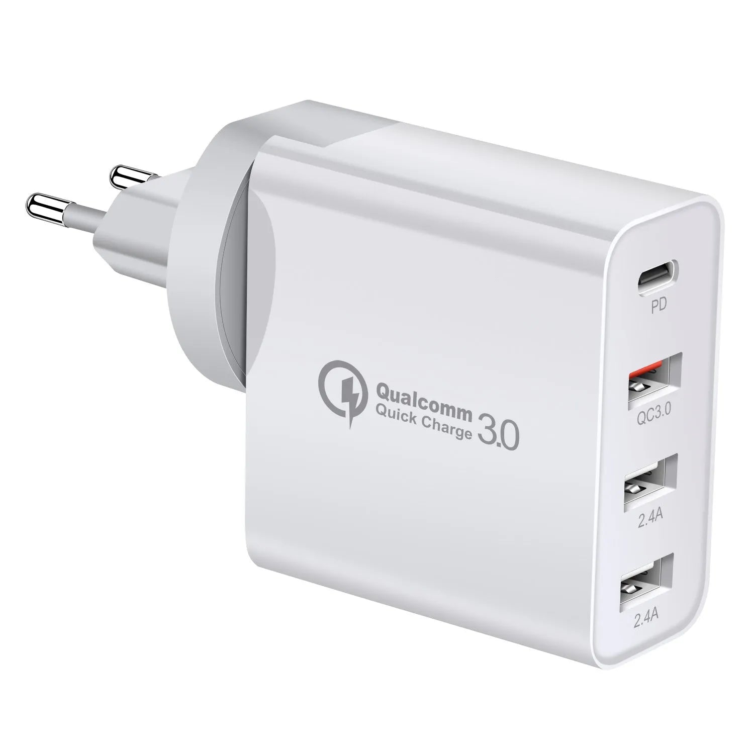 Black and white four-port USB-C wall charger with UK, US, EU, and AU plug options.