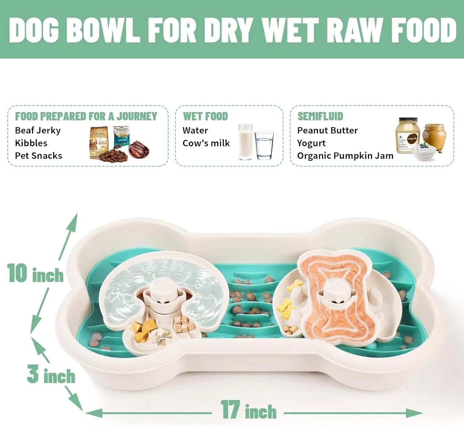 Large green slow feeder dog bowl with three-tiered puzzle trays and anti-slip suction cups on the base.