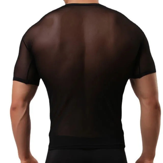 Men's slim fit transparent mesh t-shirt in solid colours on a hanger