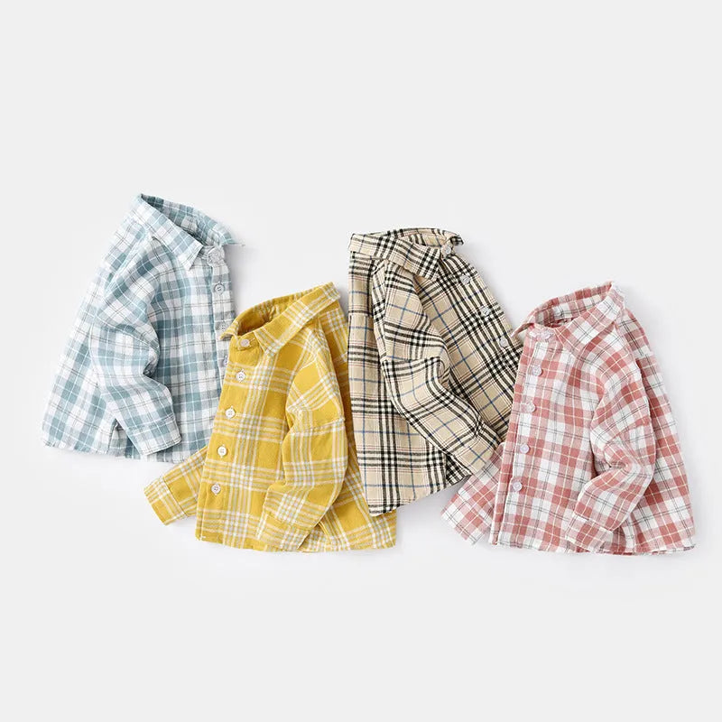 Boys' cotton lattice pattern long sleeve shirt in khaki colour for spring and autumn wear