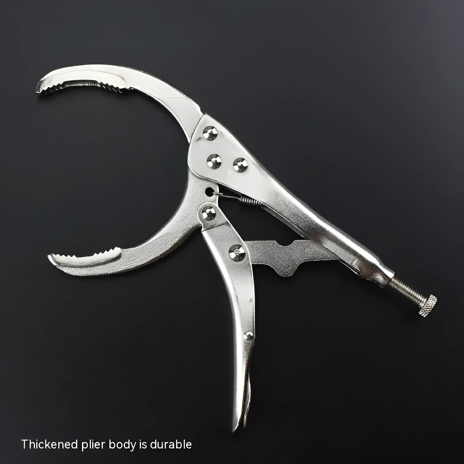 45 steel vise grip oil filter removal wrench tool showing adjustable clamps and 225mm handle length.