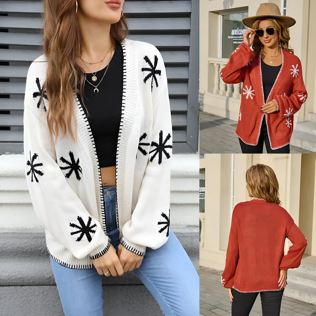 Women's jacquard floral pattern knitted coat cardigan in beige colour, loose fit plus size street fashion style