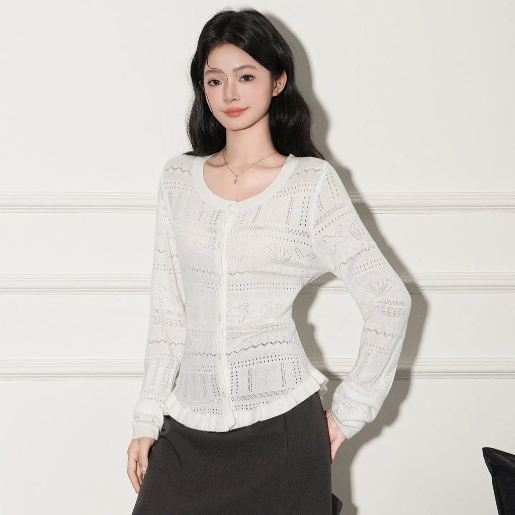 White hollow-out knit cardigan pullover slim fit long sleeve Japanese Korean casual style