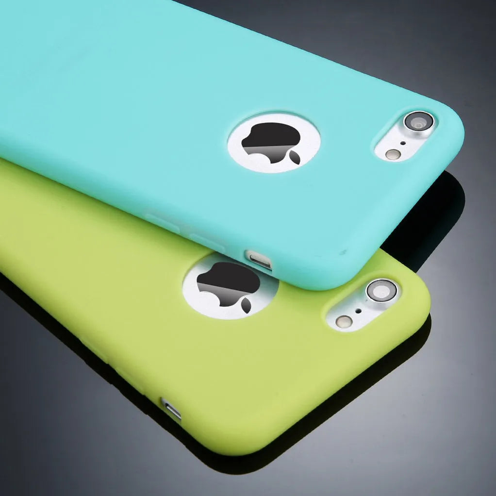 Soft silicon TPU iPhone back cover case in multiple colours including pink, blue, and black.