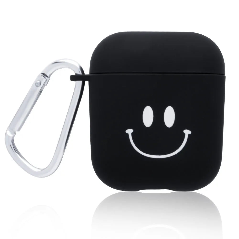 Black and Pink AirPods case covers with Flower, Love, and Smiley face emoji designs.