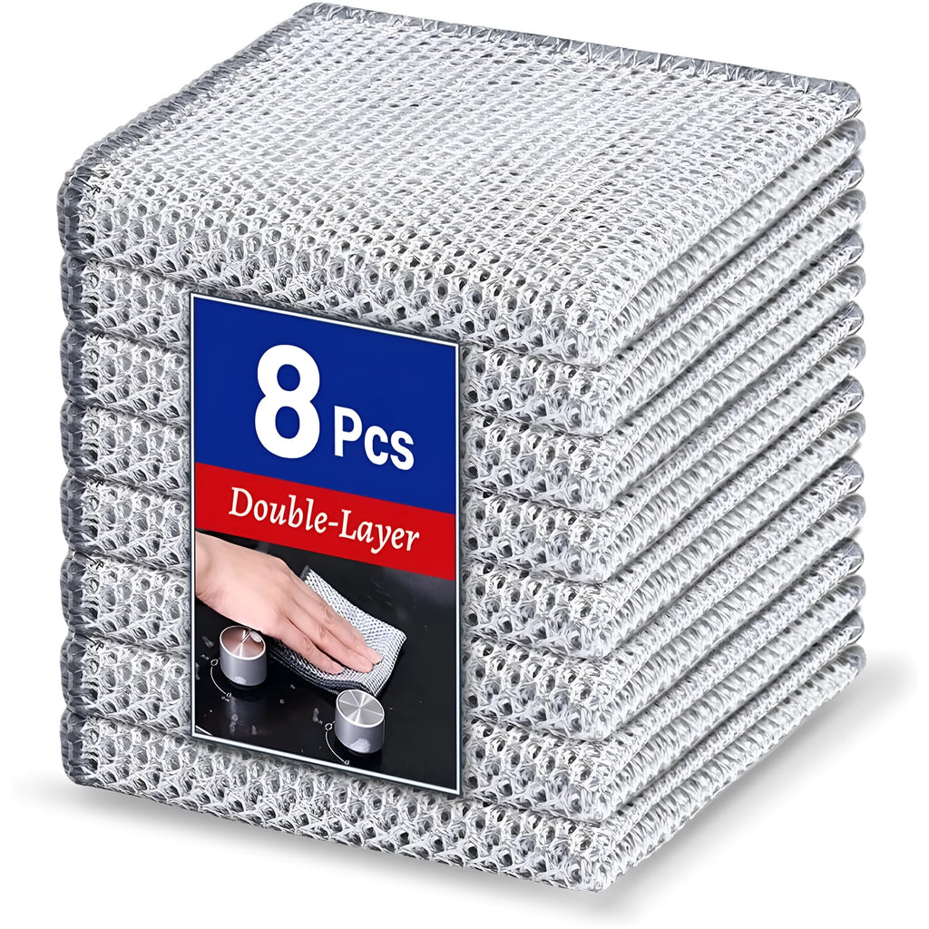 Silver wire and coloured microfiber kitchen cleaning cloths in 20cm and 25cm squares.
