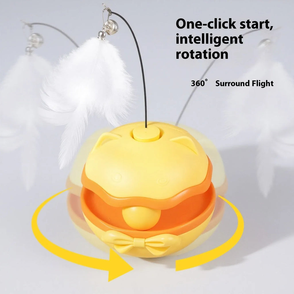 Electric self-righting cat tumbler toy in lemon yellow, sky blue, and soft fog grey colours.