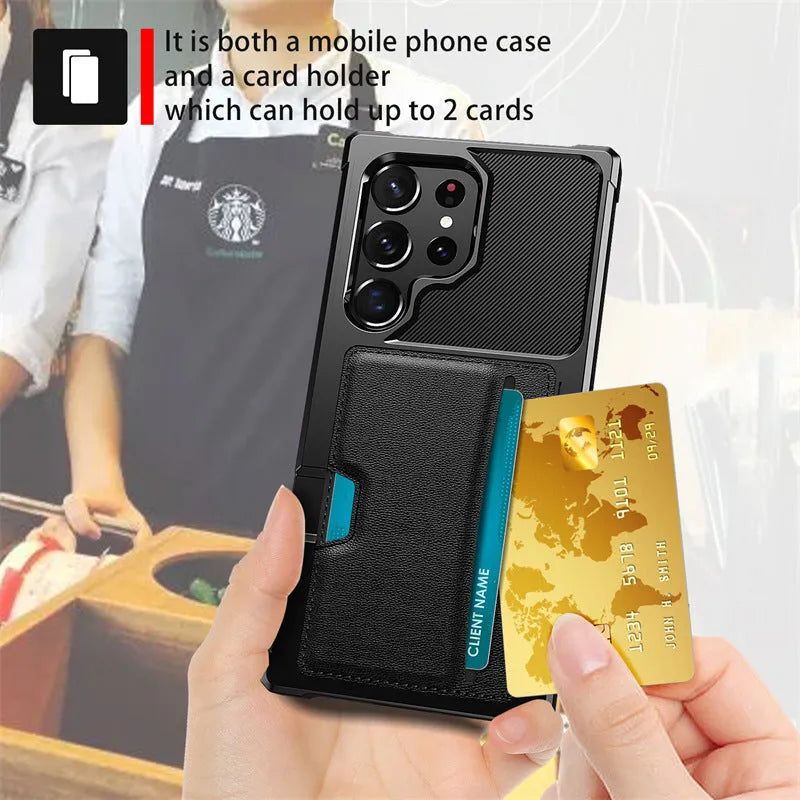 Black TPU PC phone case with card slot for Samsung, showing back with card inserted