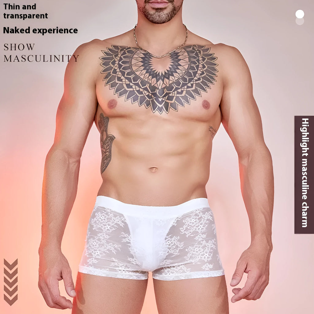Men's lace boxers in nylon, shown in black, white, and red colours.